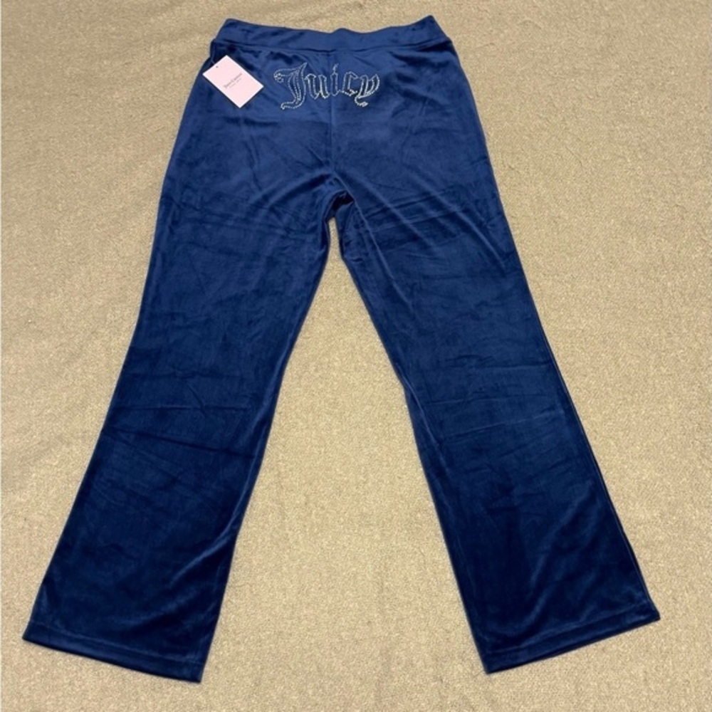 NWT Juicy Couture Navy Blue Velour Wide Leg Pants - Rhinestone Logo - Size L